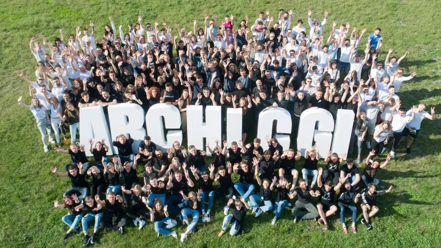 The ArchiCGI team of 3D artists and project managers gathered around the company name