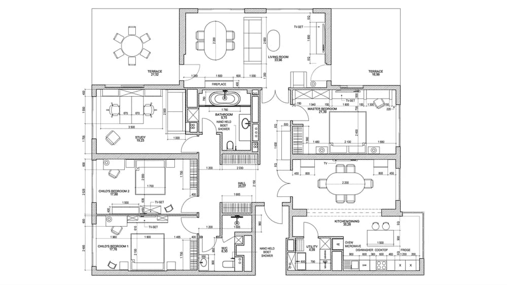 Interior design drafting plan with room layouts and technical annotations
