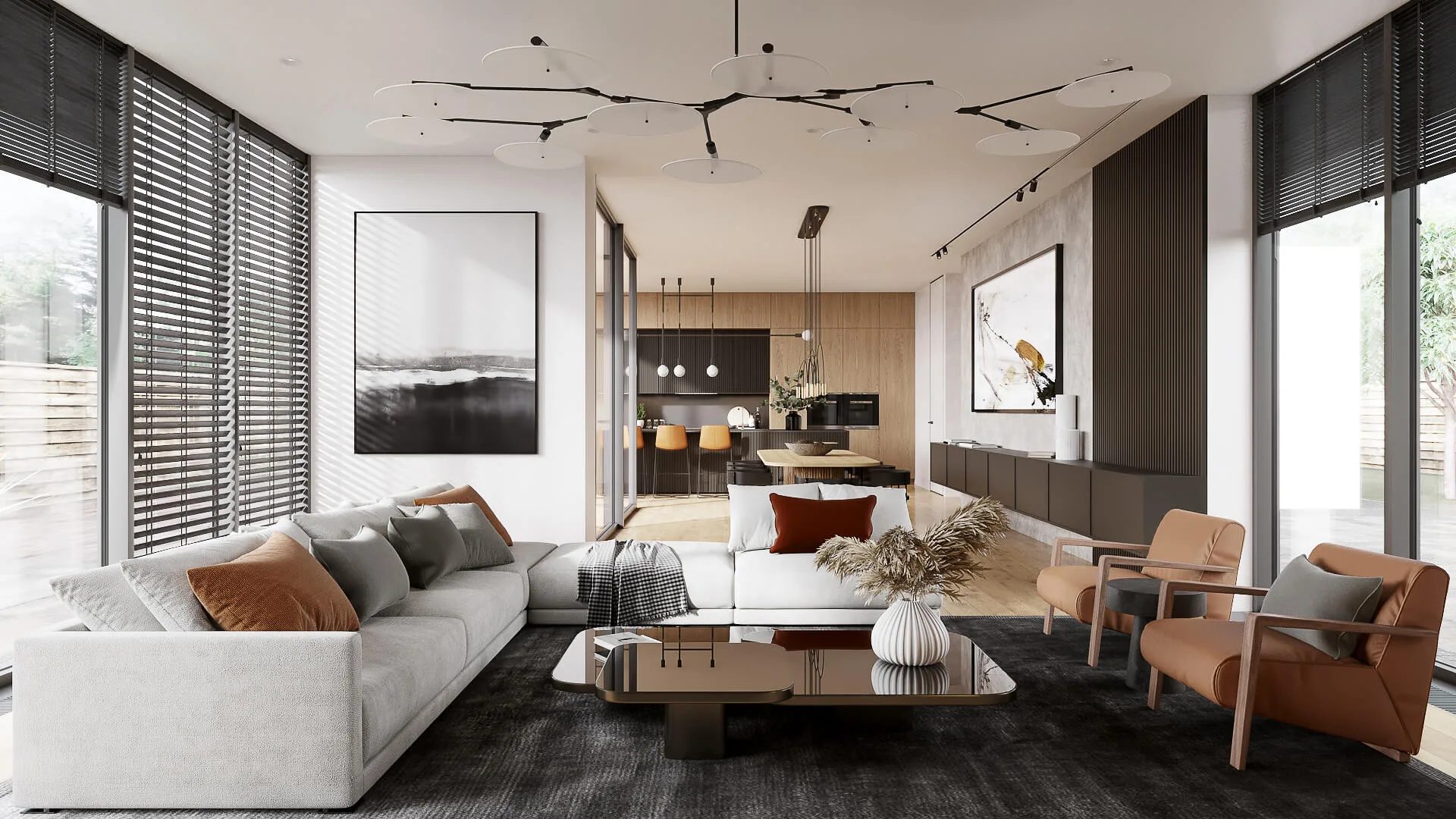 Architectural CGI for an agency: living room with a sectional sofa and an open kitchen