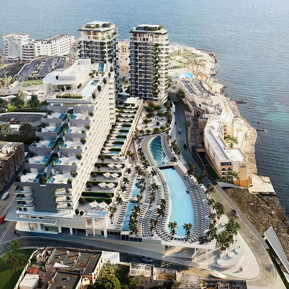 Architectural CGI of a waterfront development seen from above, with terraced pools along the shore
