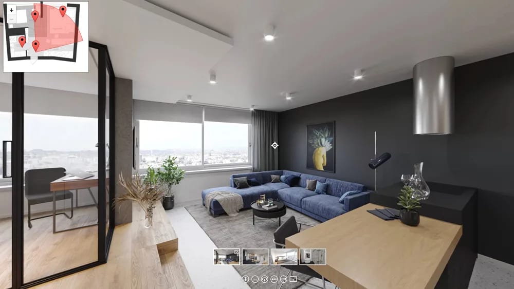 Panoramic 3D rendering of a modern apartment interior for a virtual tour