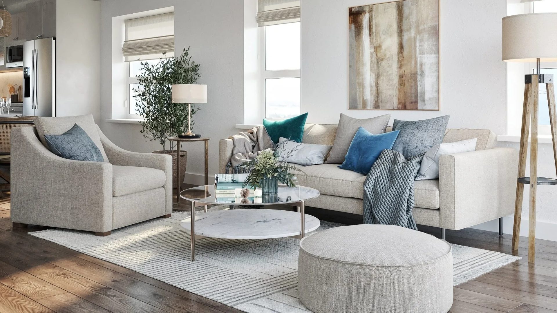 3D interior visualization of a light living room with armchairs, a round table and a soft rug