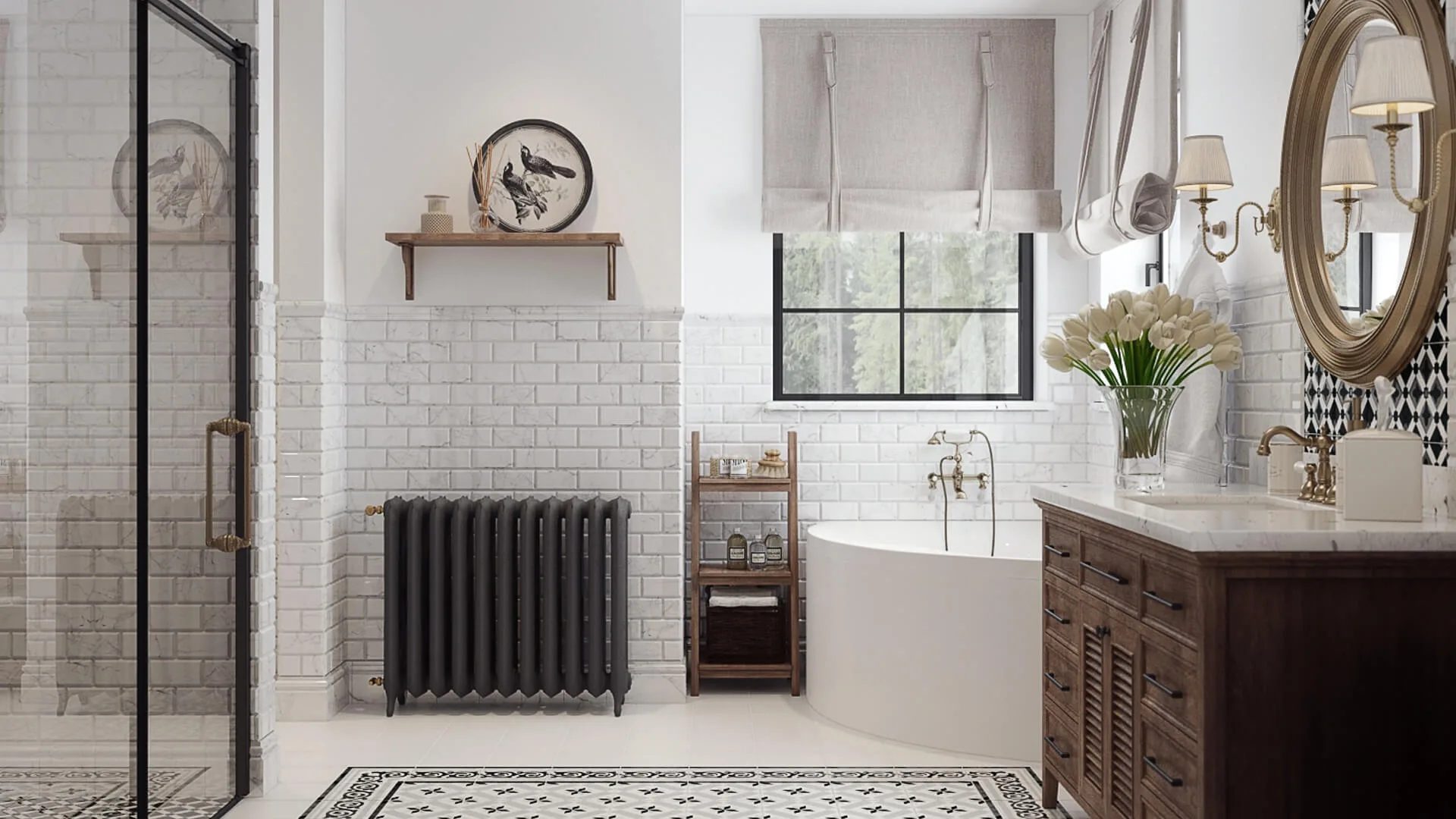 House 3D render of a bathroom with a shower and vanity