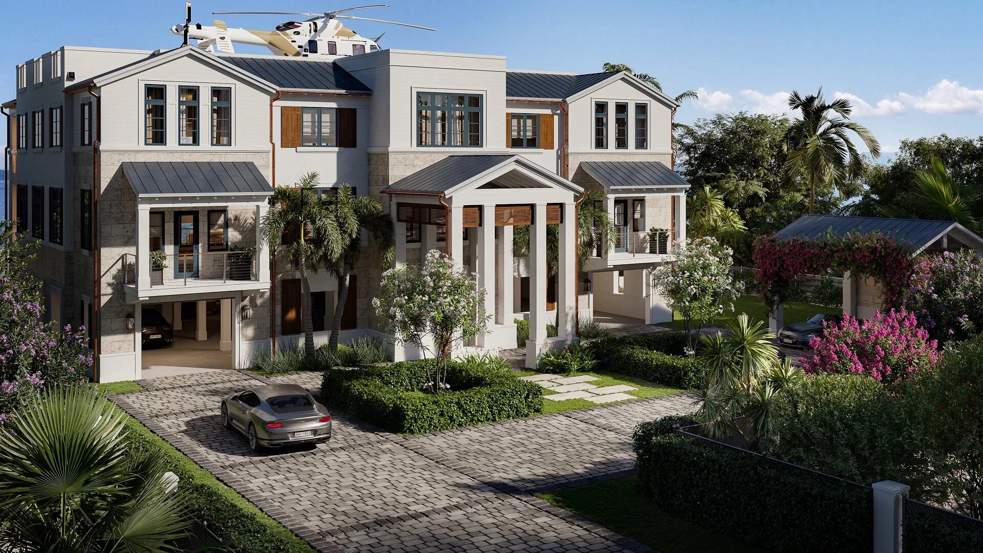 3D rendering of a white classical Florida estate with palms, bougainvillea and a paver drive, the Palm Beach and Coral Gables vocabulary