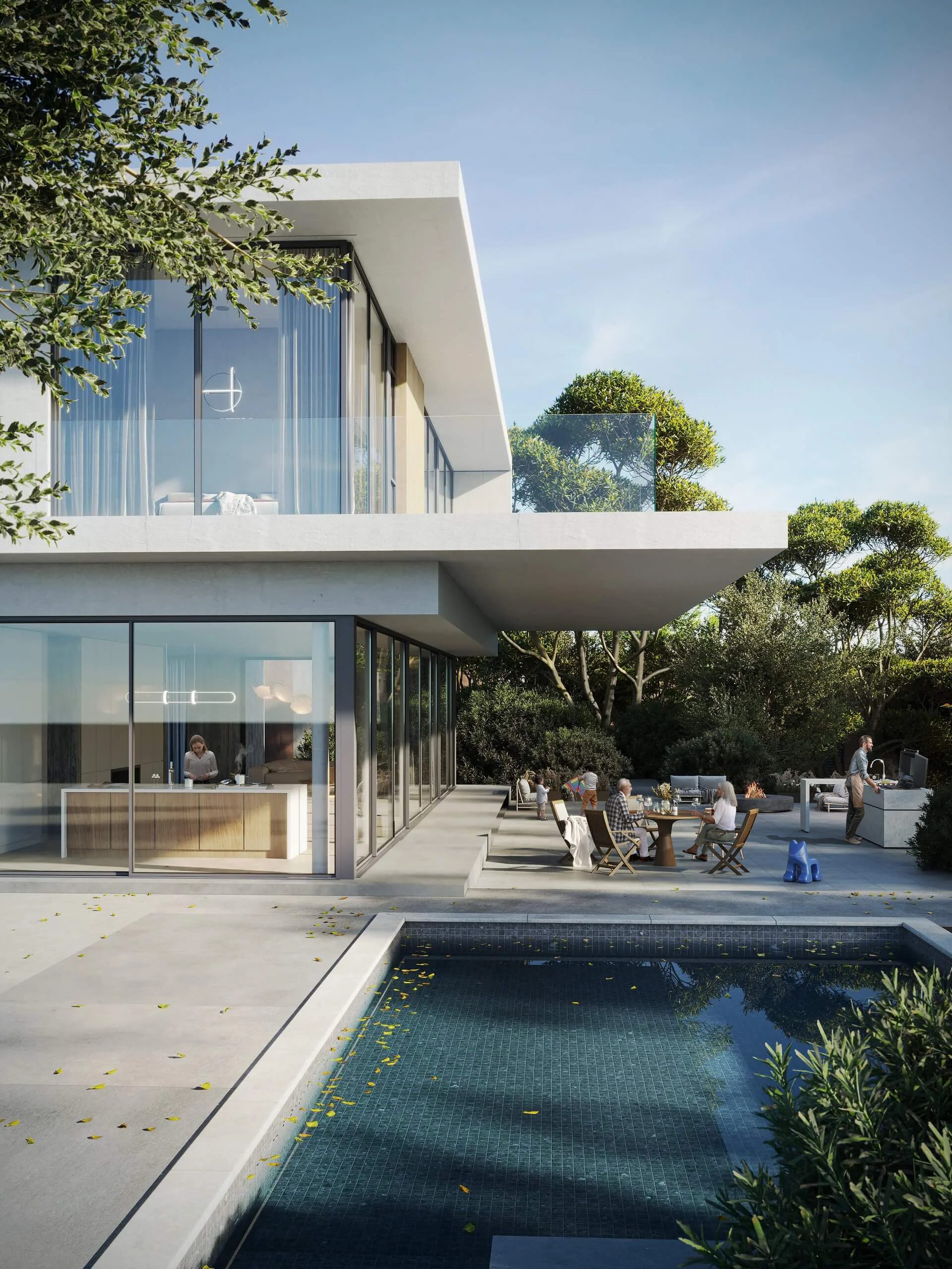 3D architectural rendering of a contemporary Texas home with a deep shaded terrace and pool