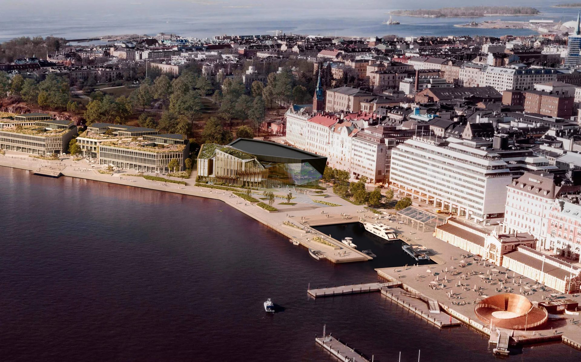 Aerial exterior render of a waterfront architectural complex along the shoreline
