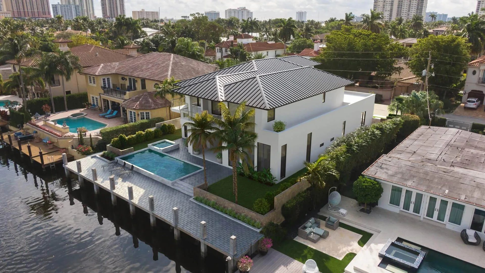 Aerial 3D rendering of a single family house and its plot