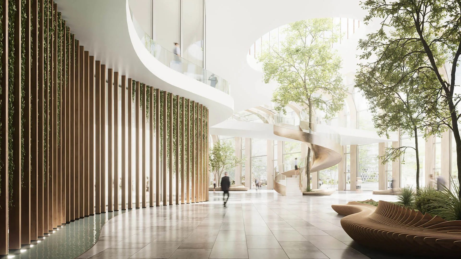 Architectural visualization of a business centre lobby with curved timber fins and indoor trees
