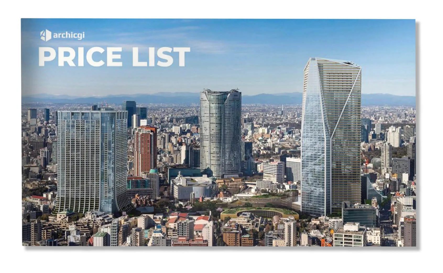 ArchiCGI architectural visualization price list: cover with a city skyline of high-rise towers