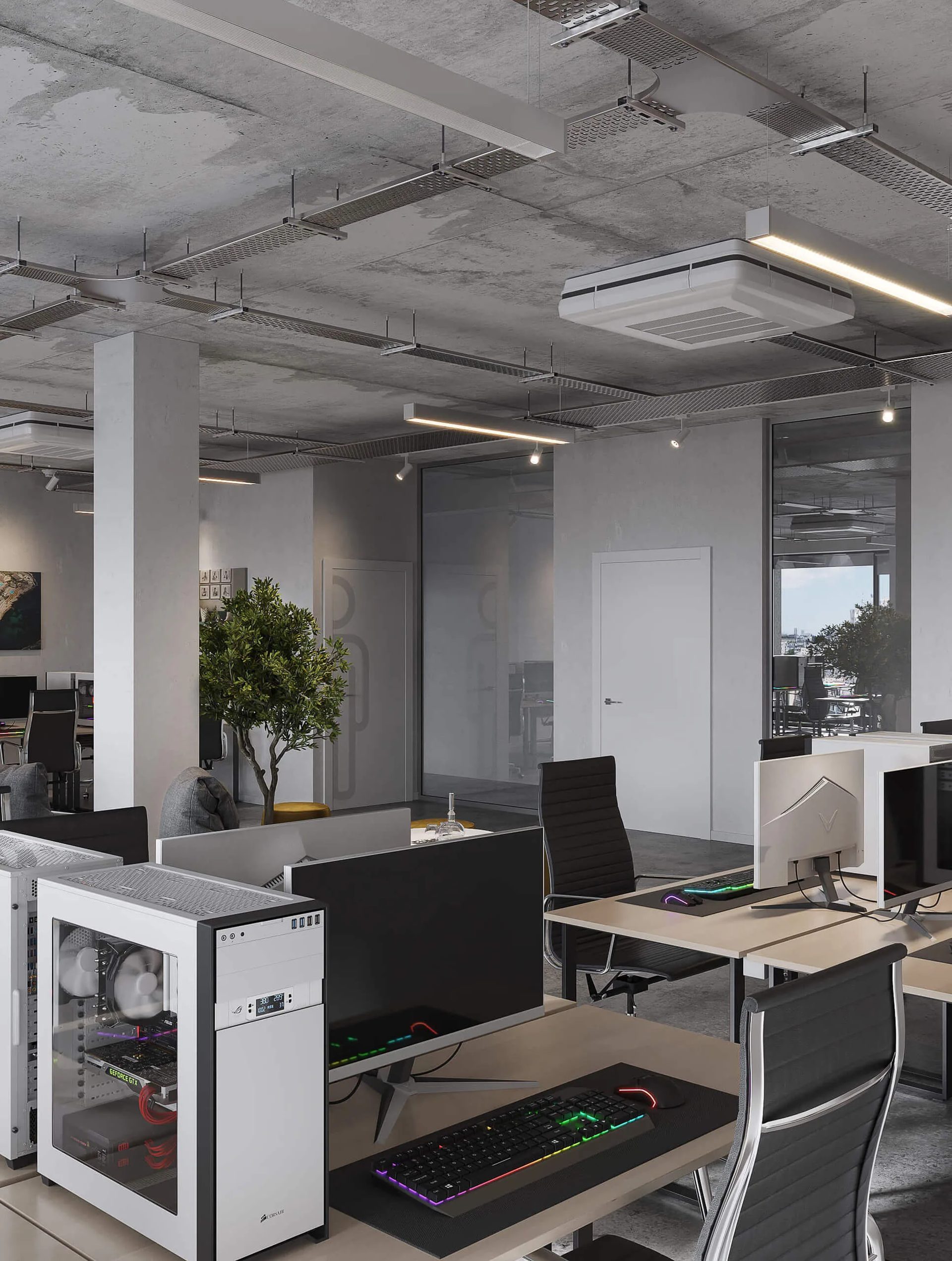 3D rendering workstation in an office: desk with a tower PC, monitors and a backlit keyboard