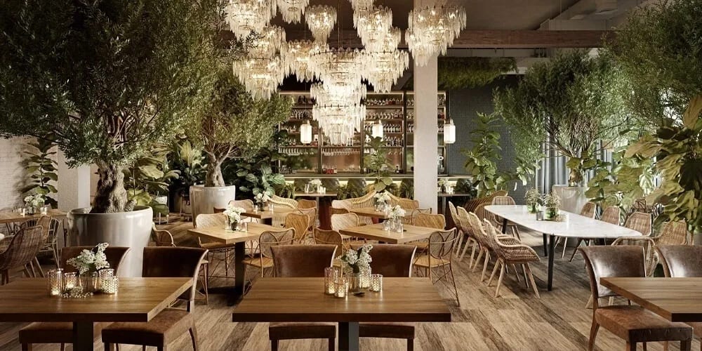 Interior render of a restaurant with wooden tables, rattan chairs and a green plant wall