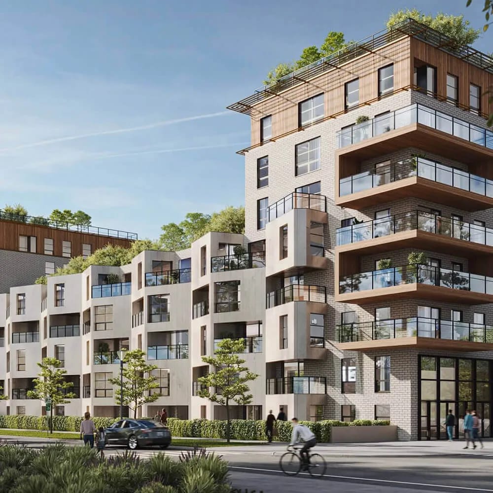 Architecture rendering of a mid-rise residential building from the street, with a cyclist and parked car
