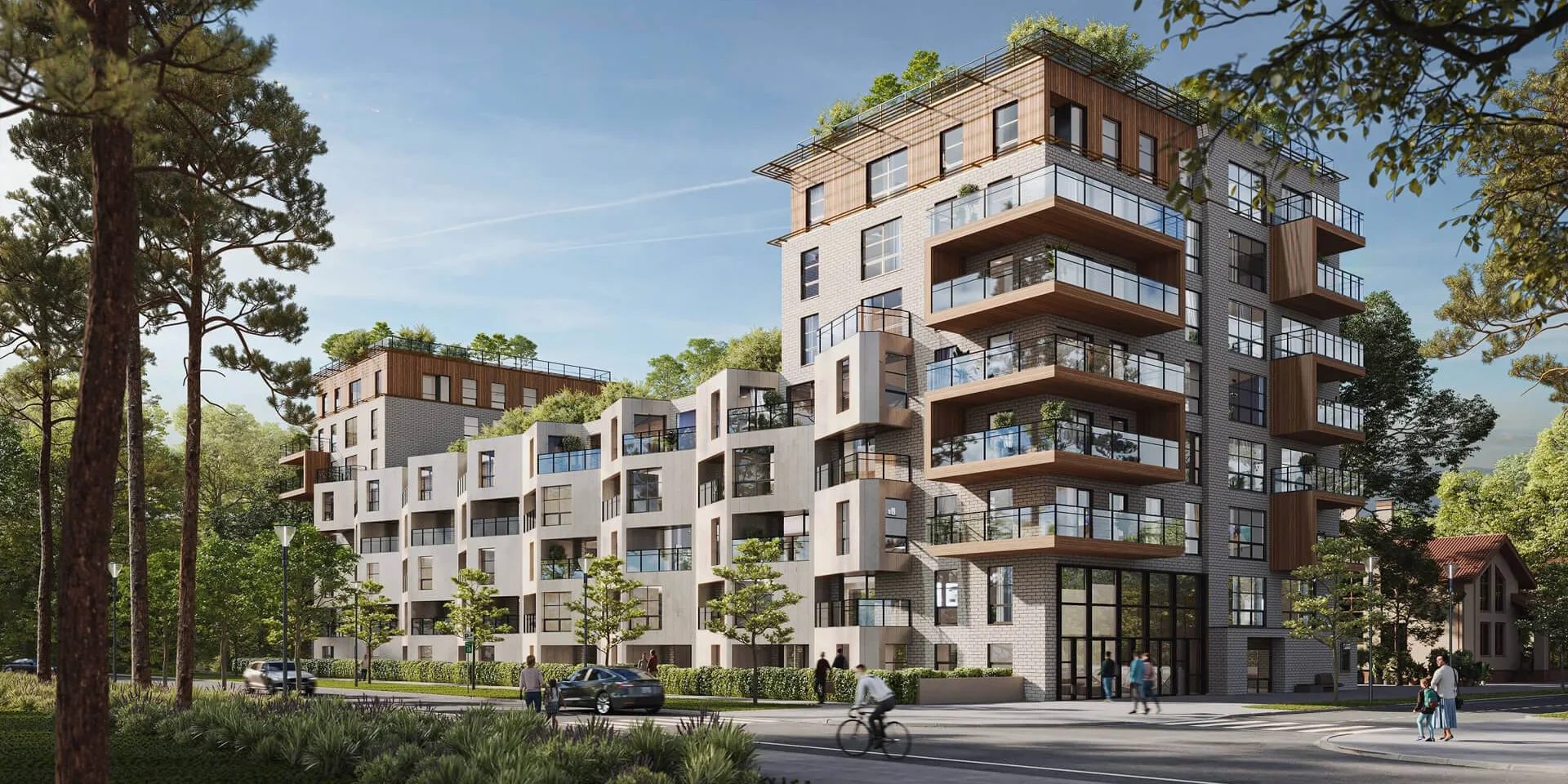 Architecture rendering of a mid-rise residential complex with planted balconies among pine trees