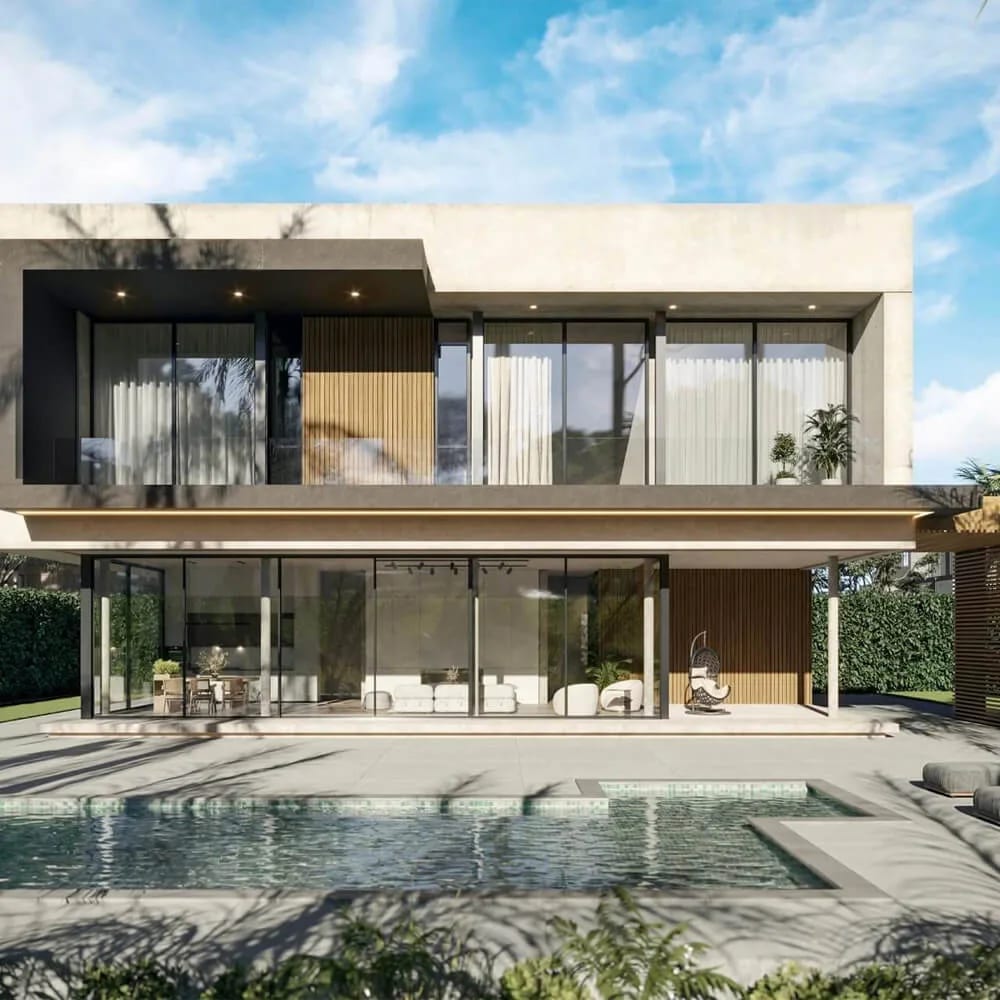 Architecture visualization render of a villa with a pool terrace and glass facade