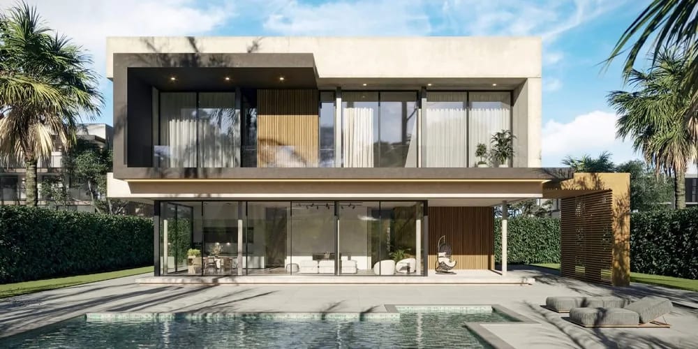 Architecture visualization of a modern villa with a pool and palm trees