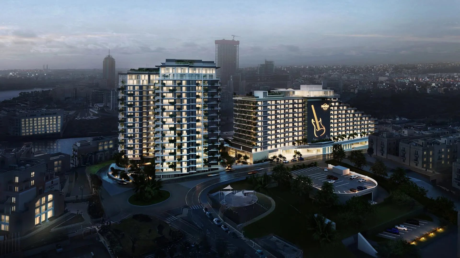 Archviz for a marketing agency: hotel towers at dusk with a lit pool deck
