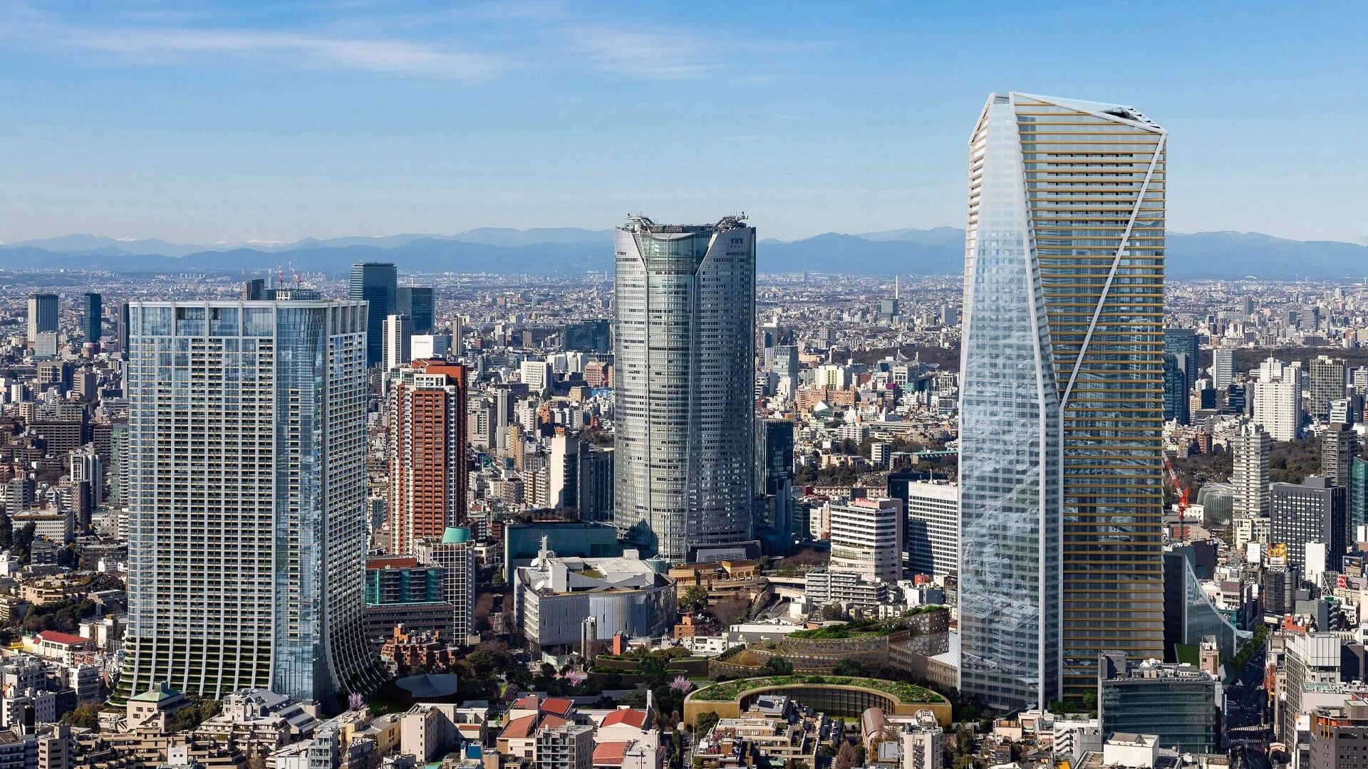 Archviz for marketing: city skyline with glass office towers above the bay