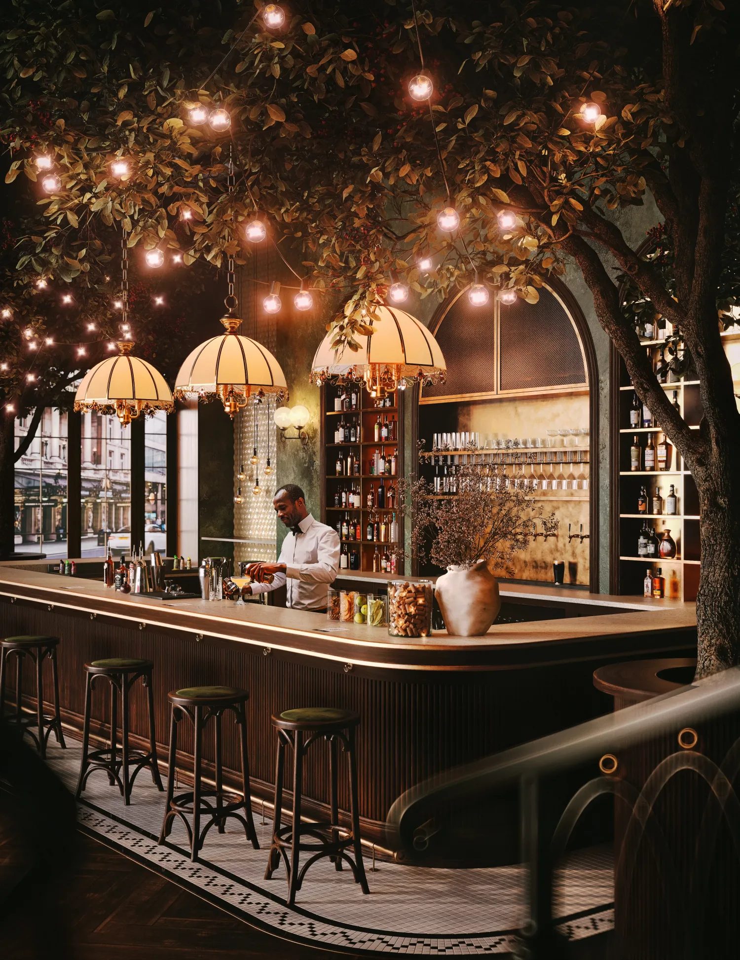 Bar interior visualization render: bartender behind a marble counter under festoon lights