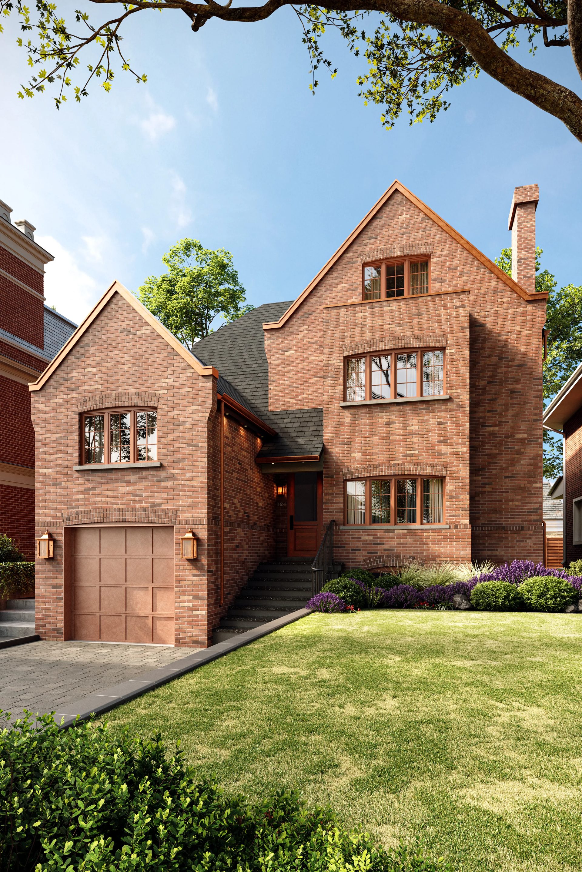 3D rendering of a red brick Tudor-style house with an attached garage, gabled roof, and front lawn in Toronto