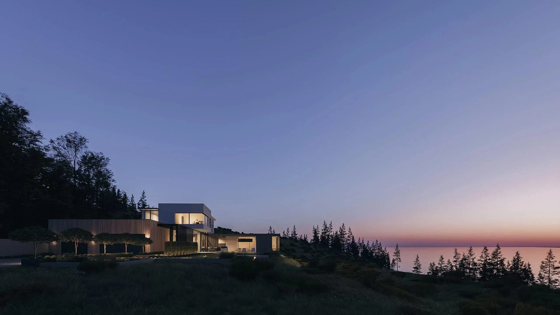 Exterior render of a modern house at twilight among trees