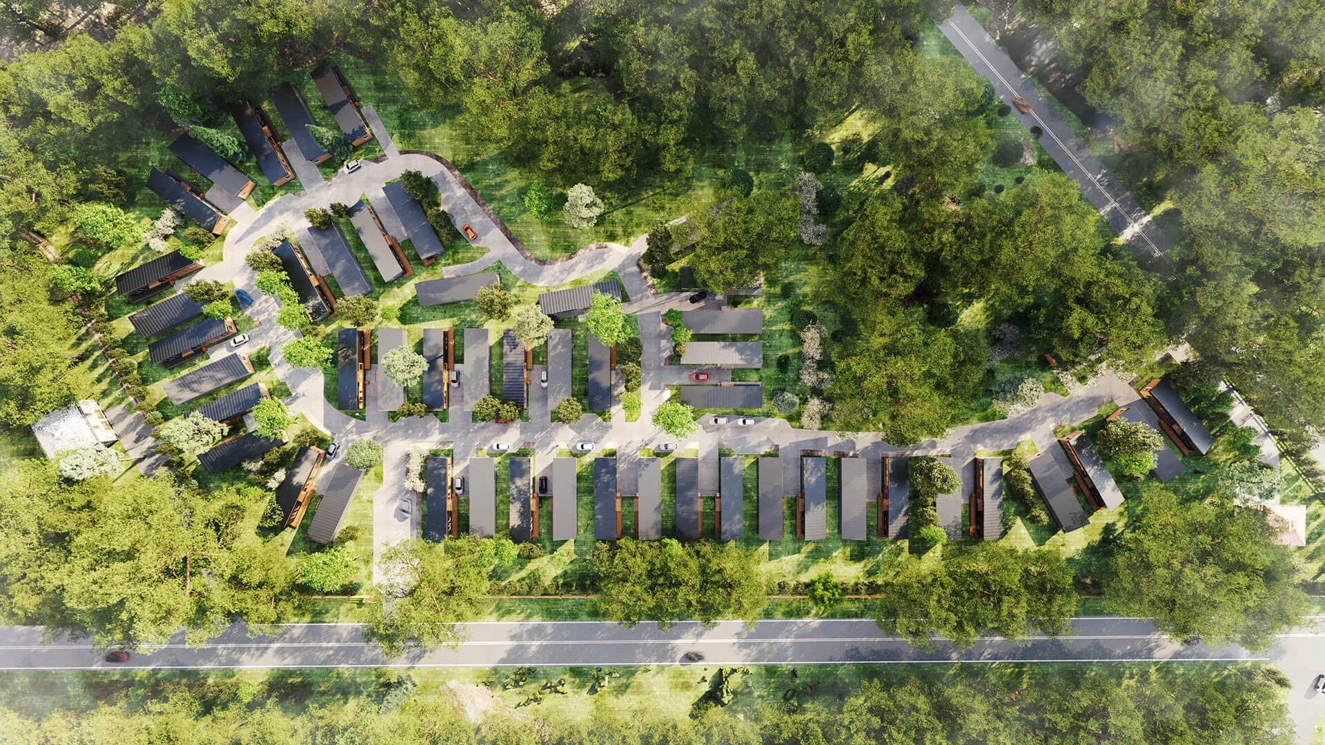 Aerial exterior 3D visualization of a townhouse masterplan winding through greenery