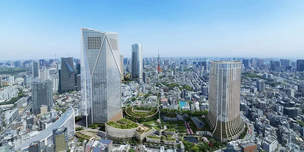 CGI for architects: two high-rise towers rendered above a dense city skyline