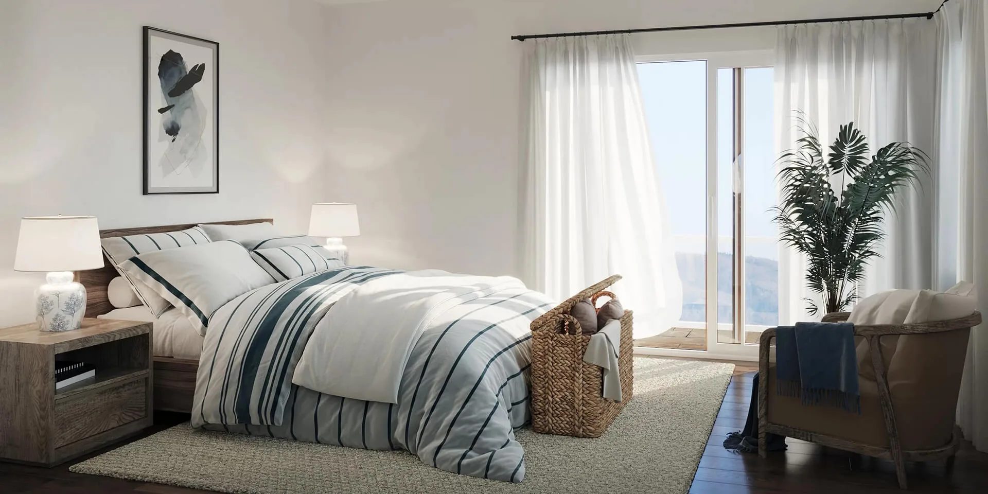CGI interior of a bedroom with striped bedding, a bedside lamp and a balcony door