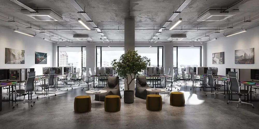 CGI office interior: open-plan floor with concrete columns, ottomans and a tree in the middle