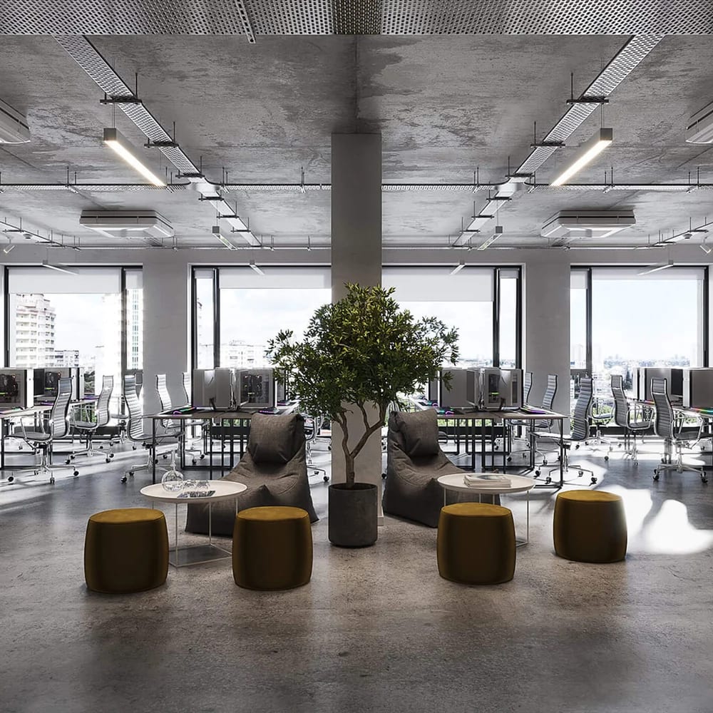 CGI of an open-plan office workspace with concrete columns, desks and soft seating