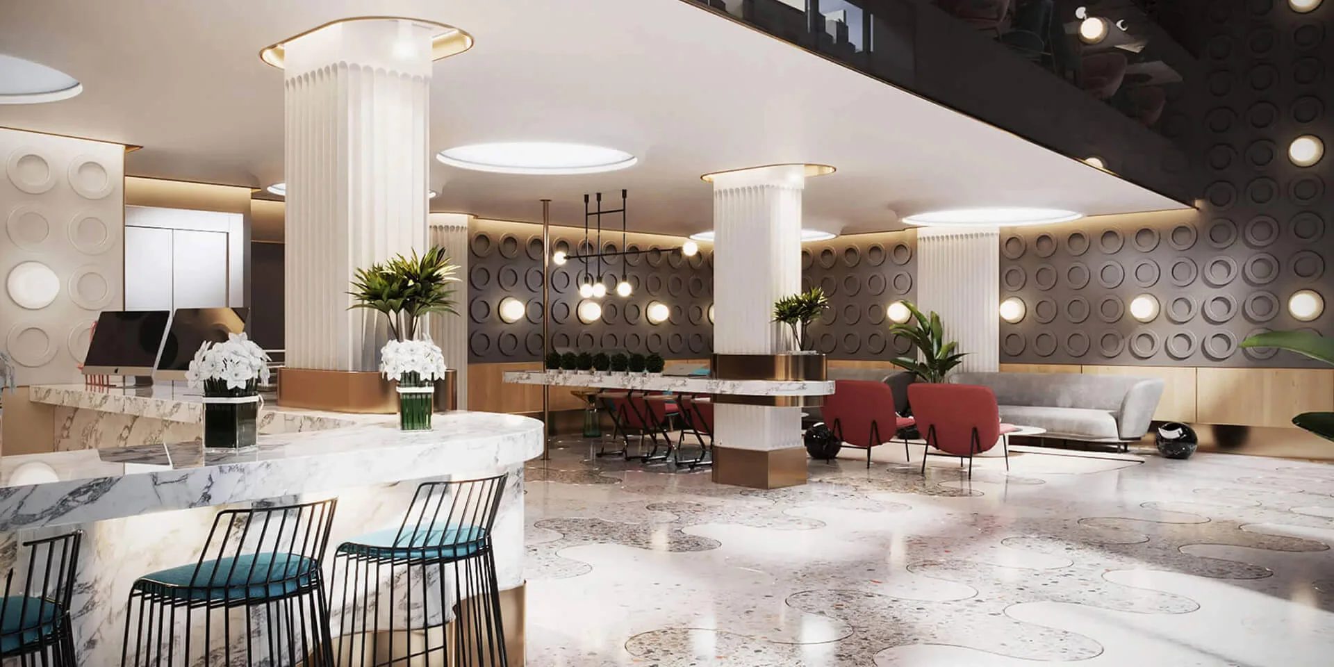 Hotel lobby bar rendered in CGI: marble counter, bar stools and fluted columns