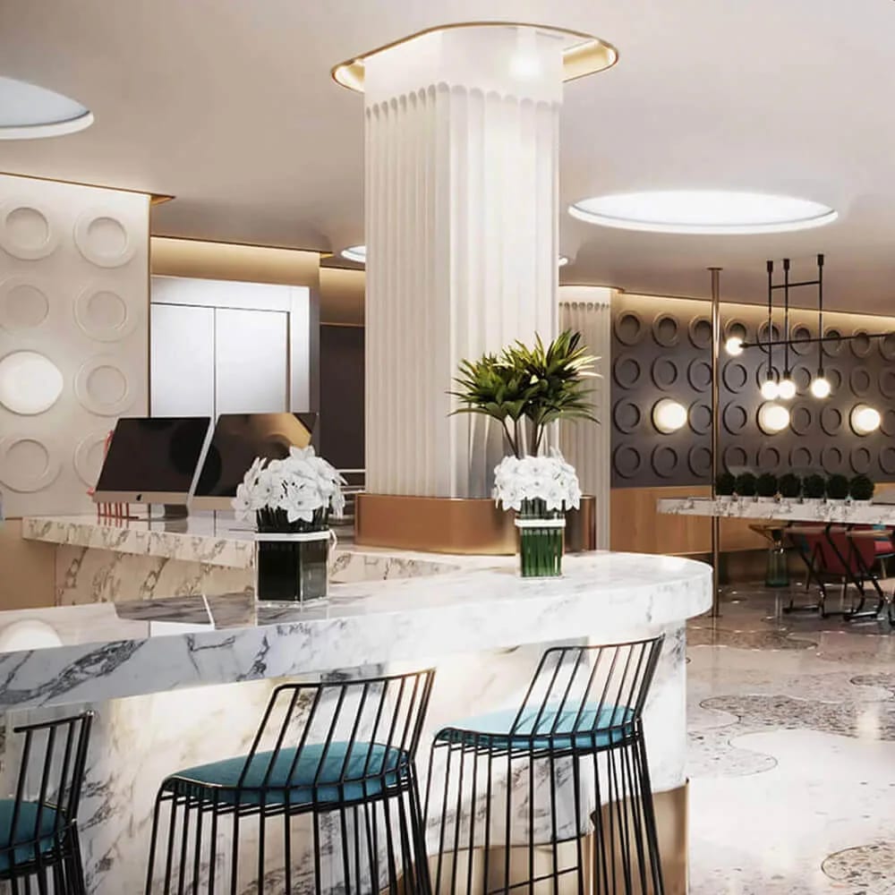 CGI rendering of a hotel bar counter in marble with white flowers and pendant lights