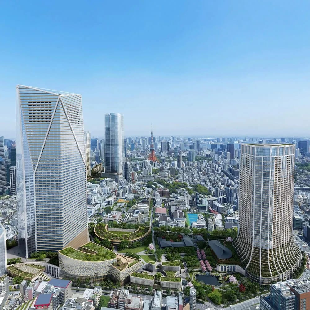 CGI services for architects: aerial view of two high-rise towers among city blocks