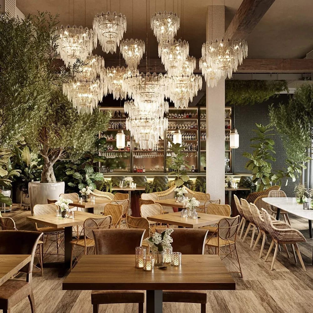 CGI visualisation of a restaurant hall with crystal chandeliers over set tables
