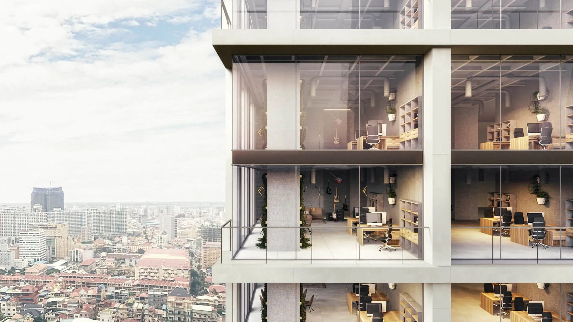 Corporate office 3D rendering: building facade cutaway showing workstations on each floor