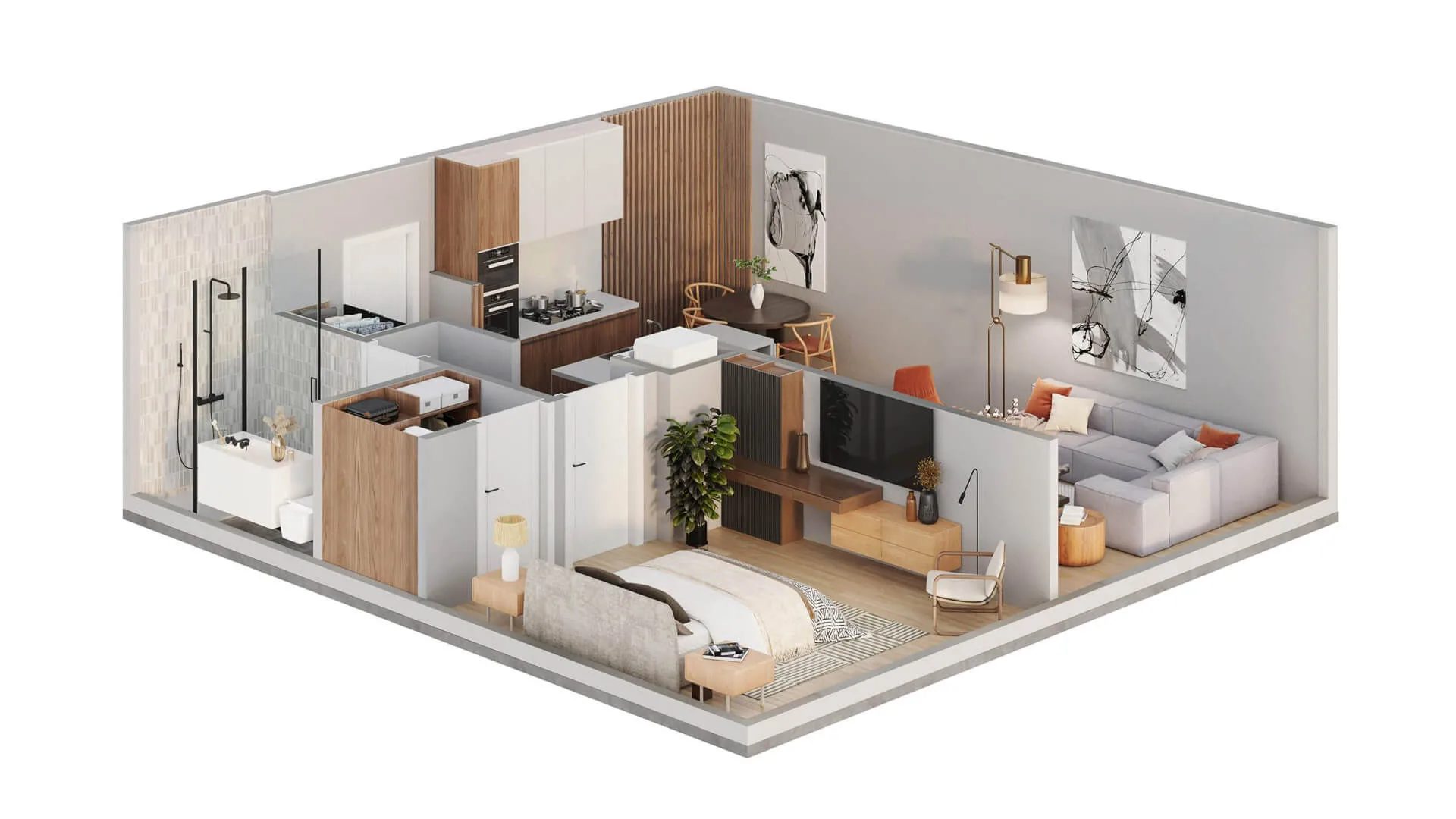 Dollhouse cutaway render of an apartment, used in marketing materials