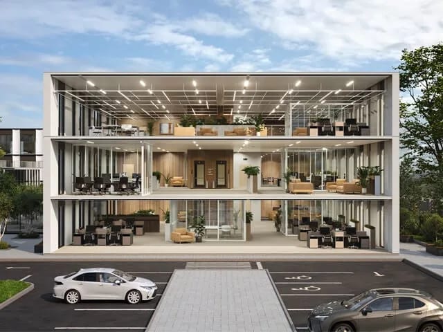Dollhouse 3D rendering of an office building, preview of the article on dollhouse rendering for architecture