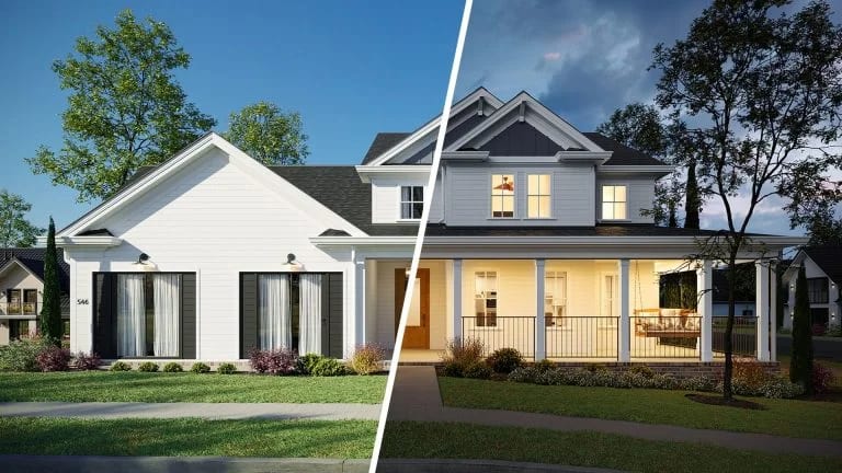Suburban house shown in daylight and evening light in a split exterior 3D rendering for a Montréal client