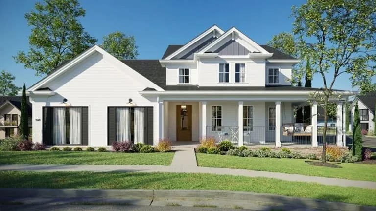 White suburban house with a porch and landscaped front garden in an exterior 3D rendering for a Perth client
