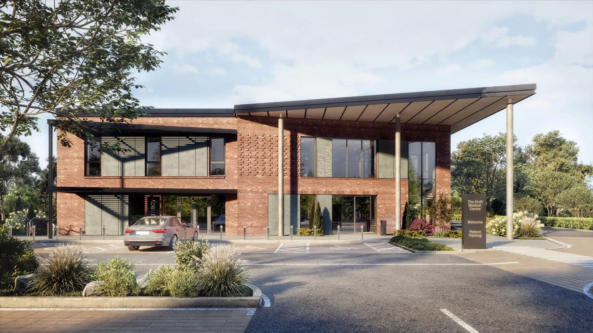 Exterior 3D rendering of a modern medical center with a brick facade and parking area