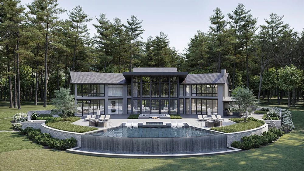 Exterior building rendering of a modern villa with a pool in a wooded setting