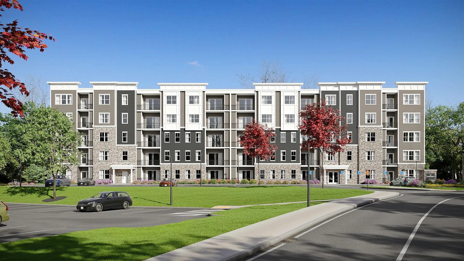 Exterior rendering of mid rise apartment buildings with balconies and stone accents