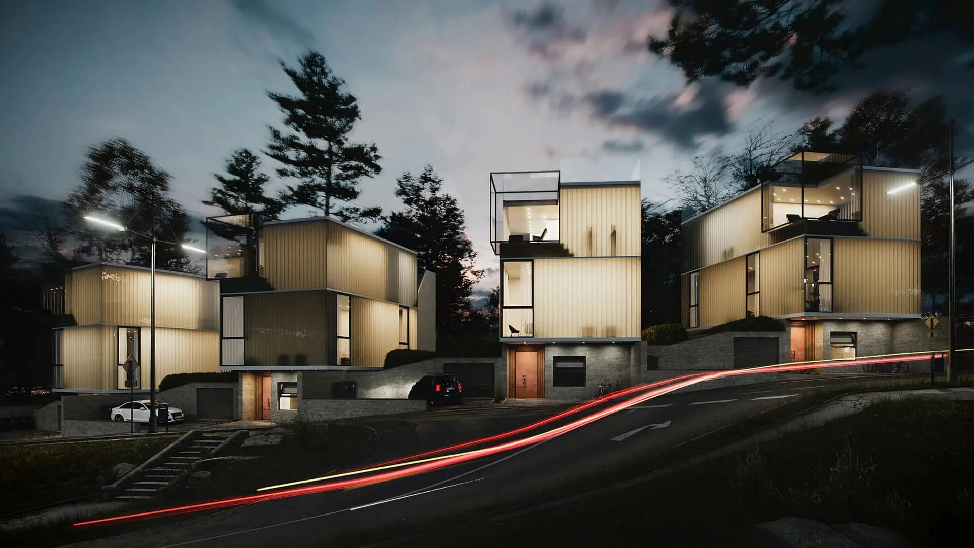 Family house exterior at dusk: street view of modern houses with lit interiors