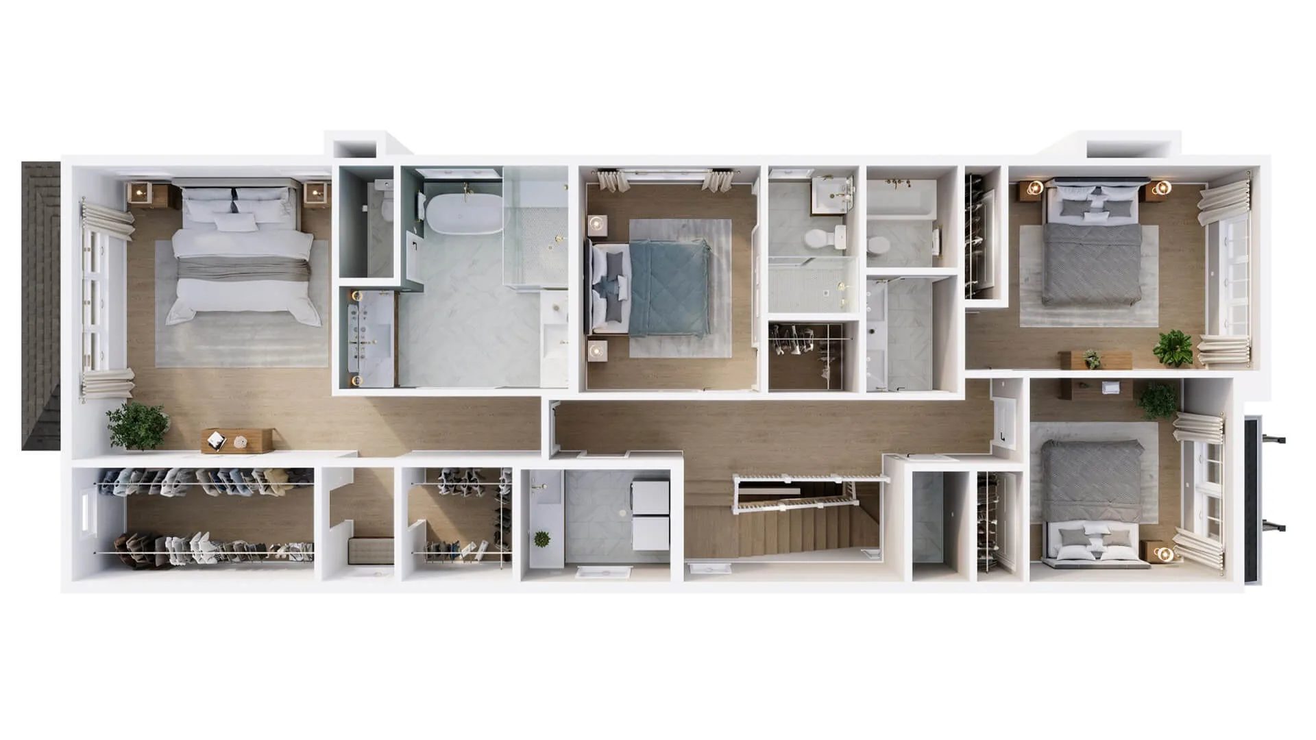 Rendered floor plan of a family house with furniture layout