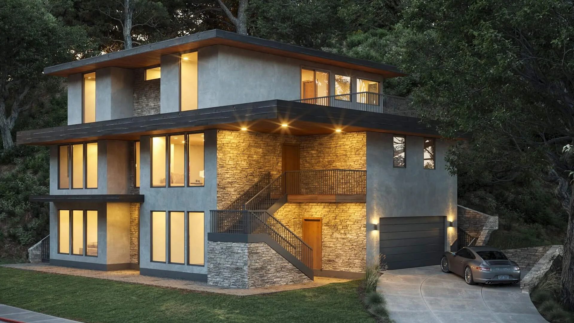 Family house front view from the driveway: three level home in stone and stucco at dusk