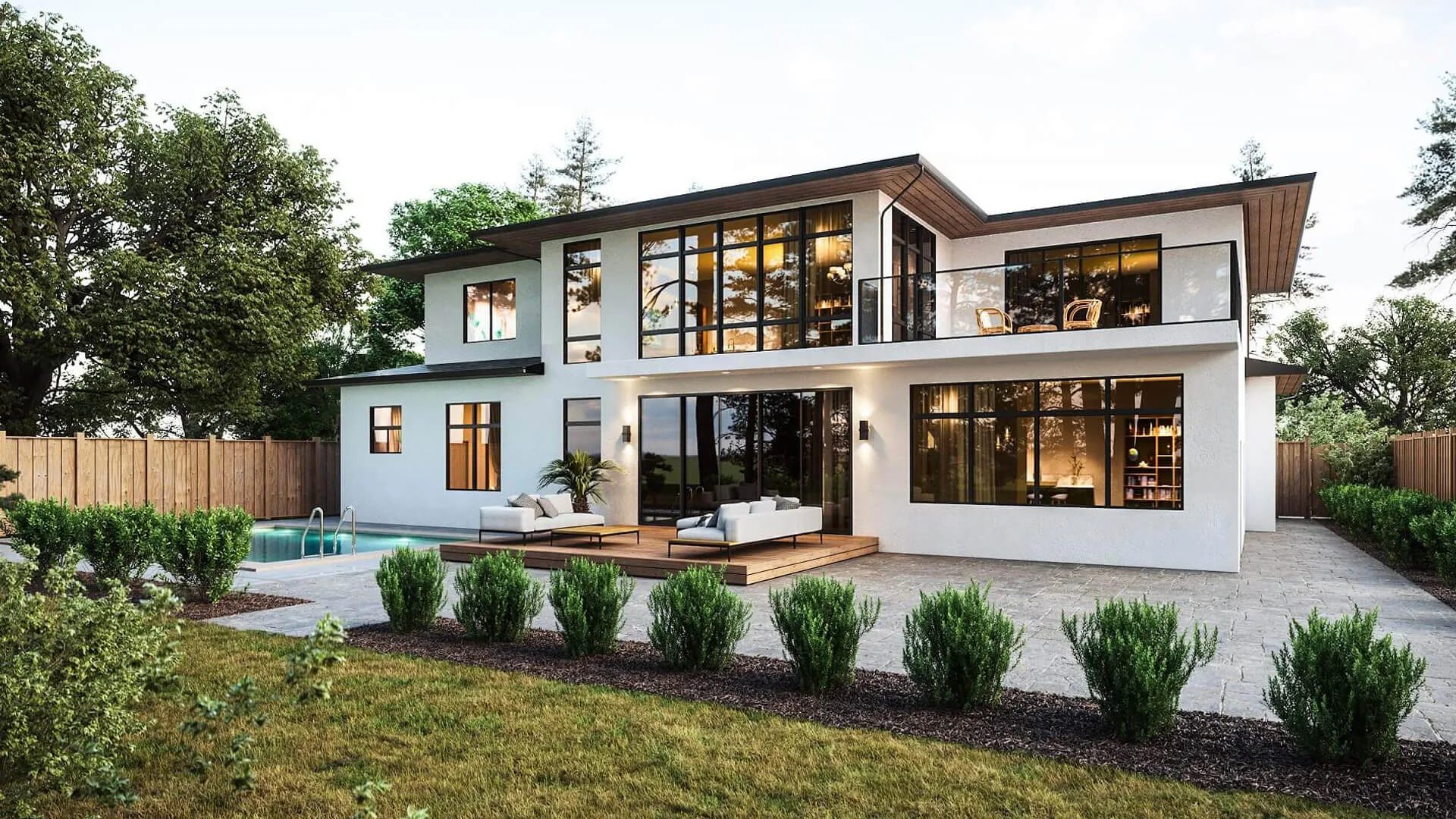 Family house with a garden seen from the backyard in a 3D rendering
