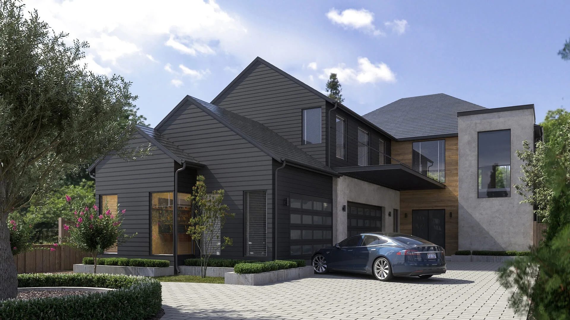 Backyard 3D visualization of a single family home with a lawn