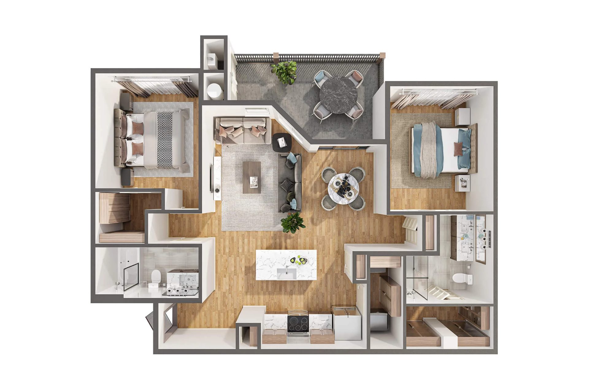 3D floor plan render for a realtor listing: two-bedroom apartment seen from above