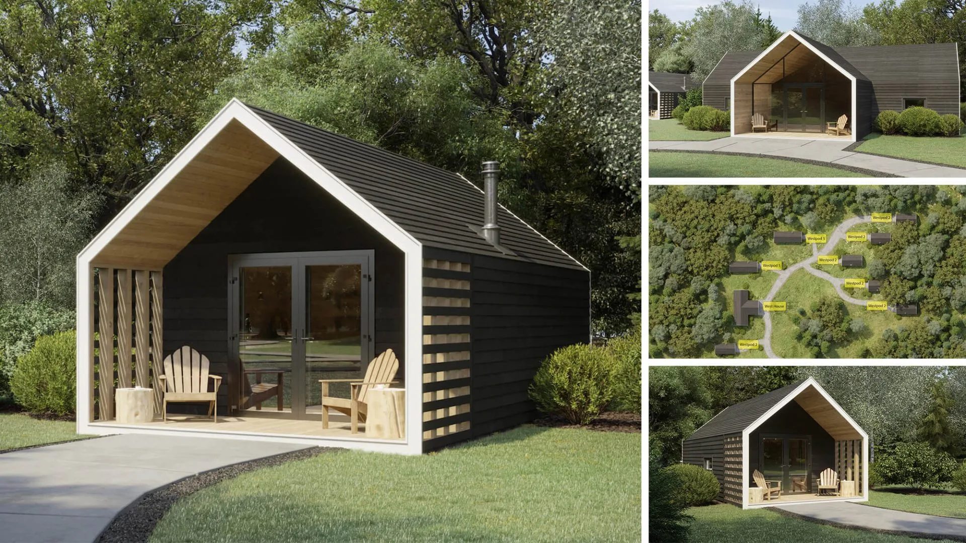 3D rendering of a timber clad garden room with a pitched roof, a format common in London back gardens