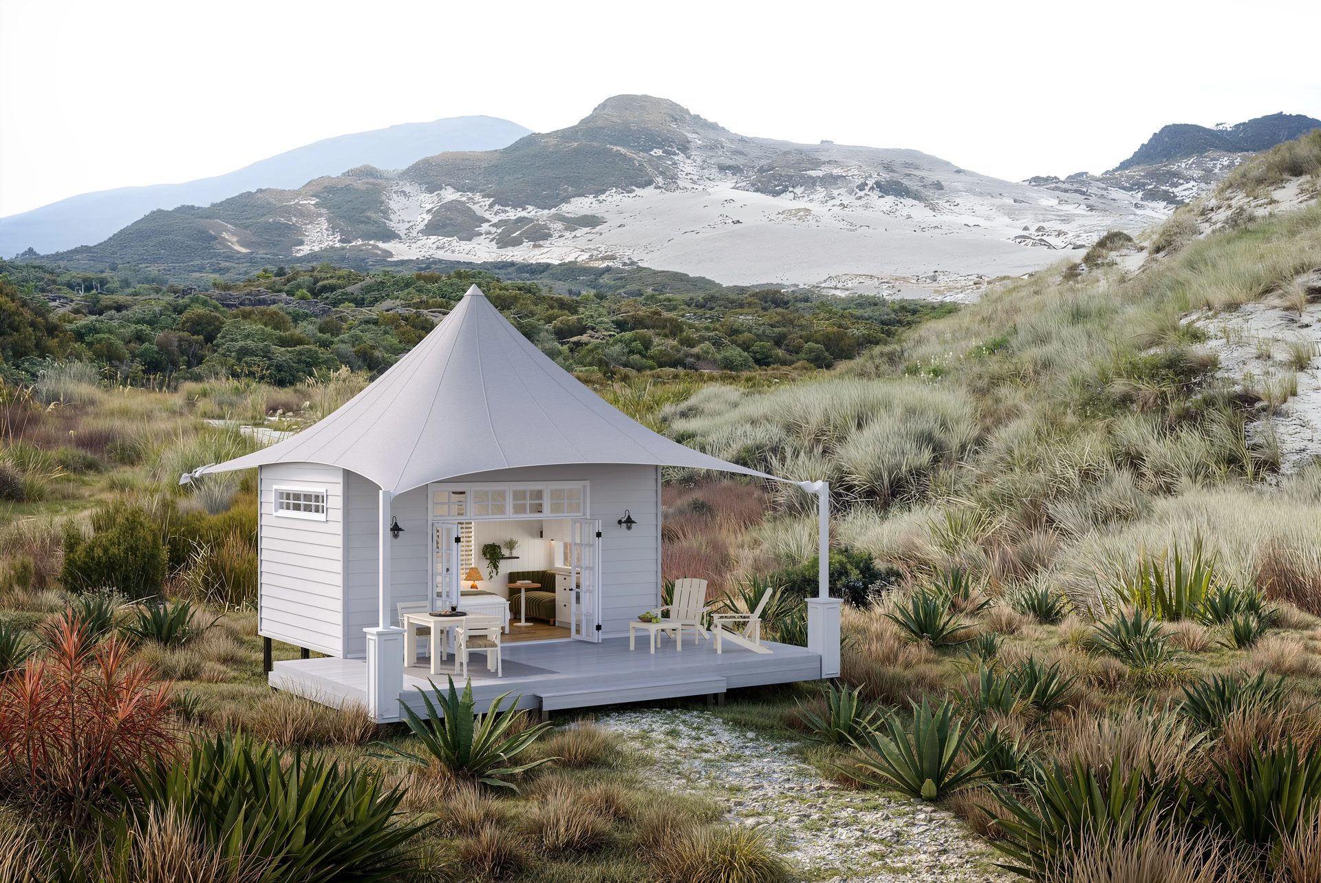 CGI of a white tent-roofed glamping cabin with an open deck in the Australian bush with sand dunes and mountains behind