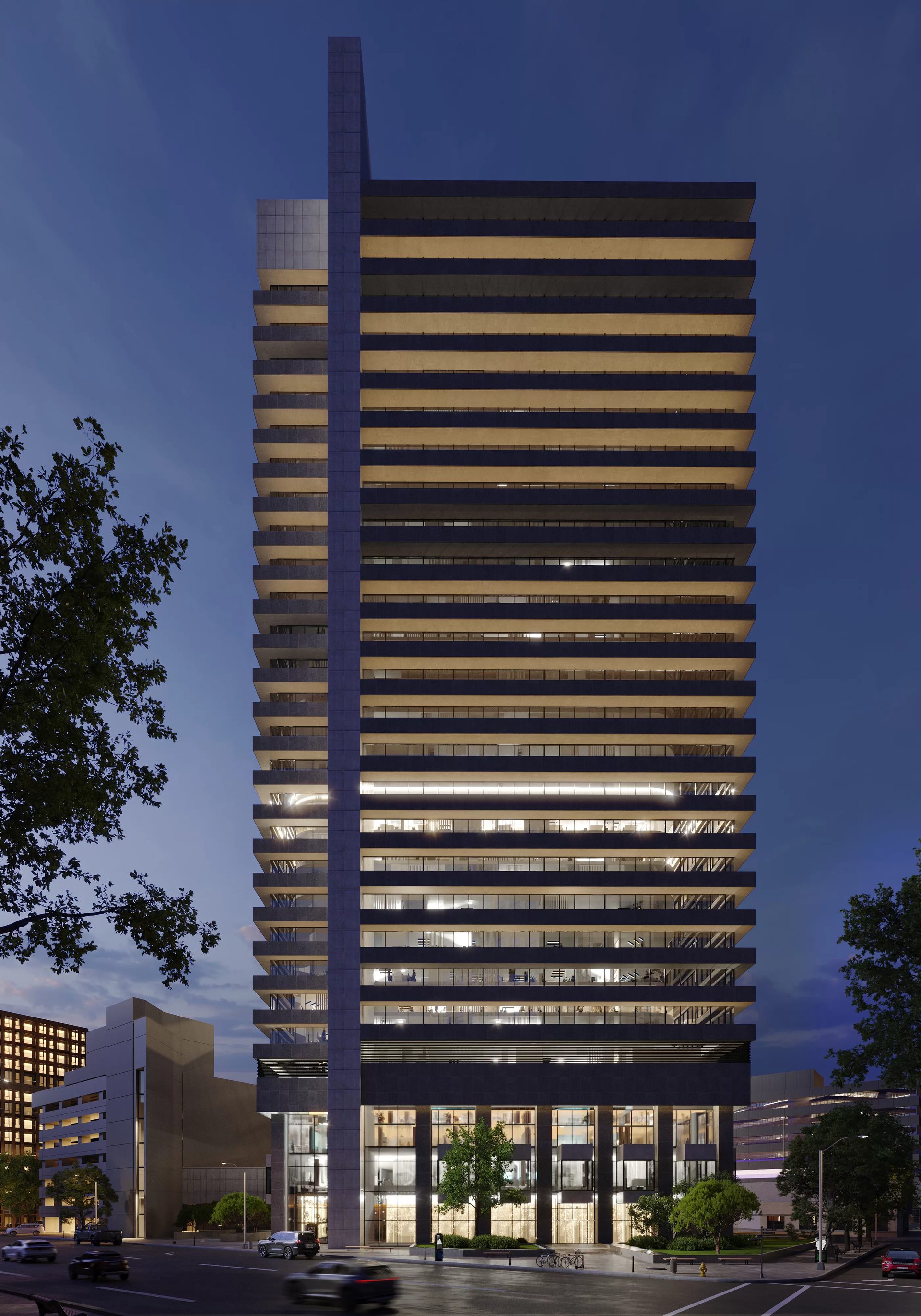 Night exterior 3D rendering of a high rise residential tower, the format Boston developers present to investors